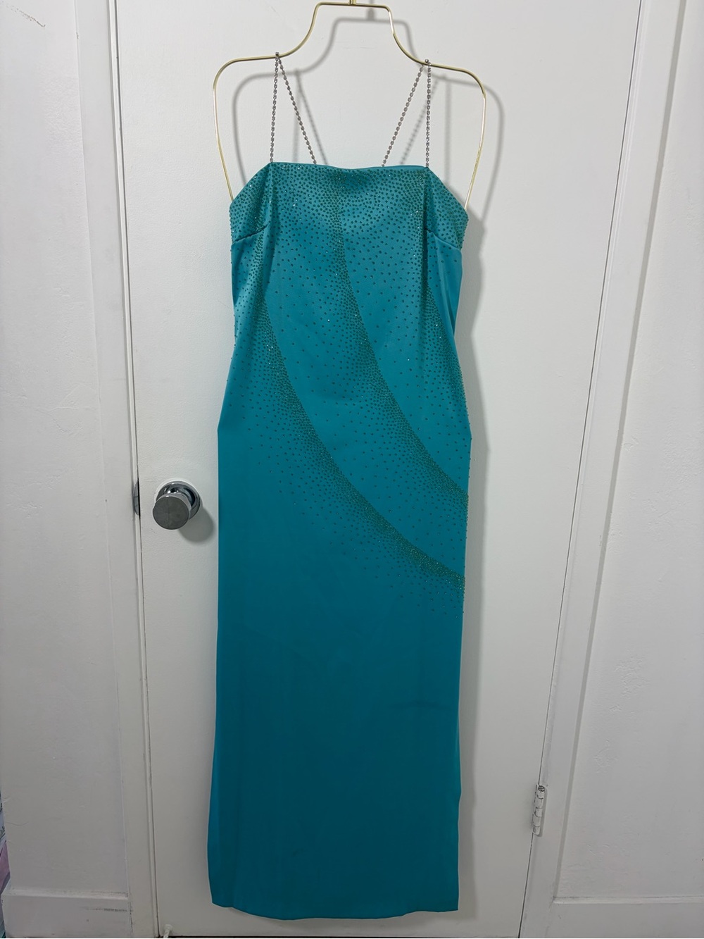 Rampage Teal Strapless Evening Gown with Rhinestone Straps
